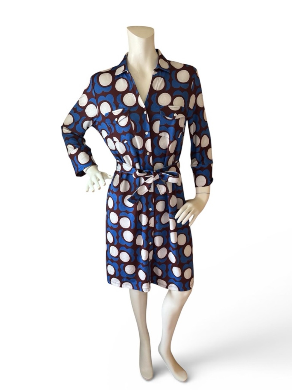 J. McLaughlin Brynn Dress Blue Brown Poppy Printed Tie Waist Catalina Cloth, L